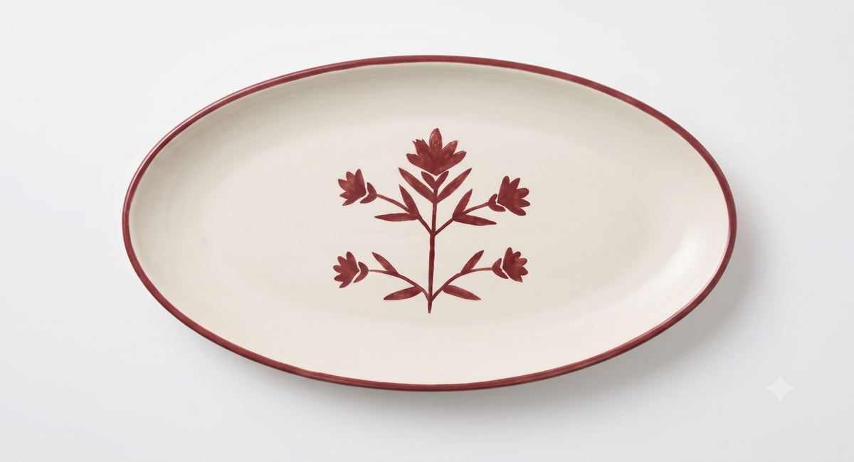 Floral Red Oval Platter | Hand-crafted Ceramic | 14x7 | Set Of 2
