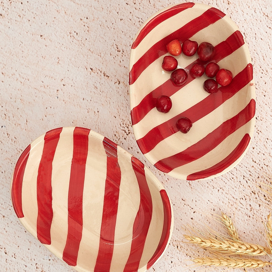 Ceramic stripe Bowl, Red 7x5x2 Inches (Set of 4)