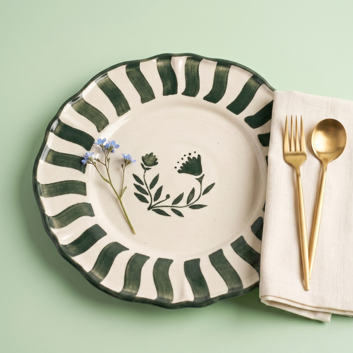 Striped Green Floral Dinner Plate | Hand-crafted Ceramic | Set Of 2