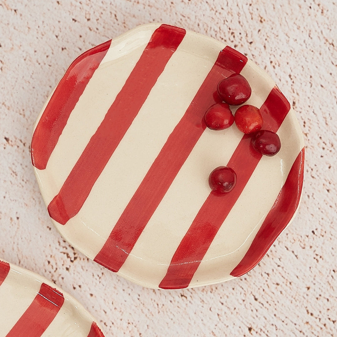 Ceramic Red stripe plate, 6.3x6.3 Inches (Set of 4)