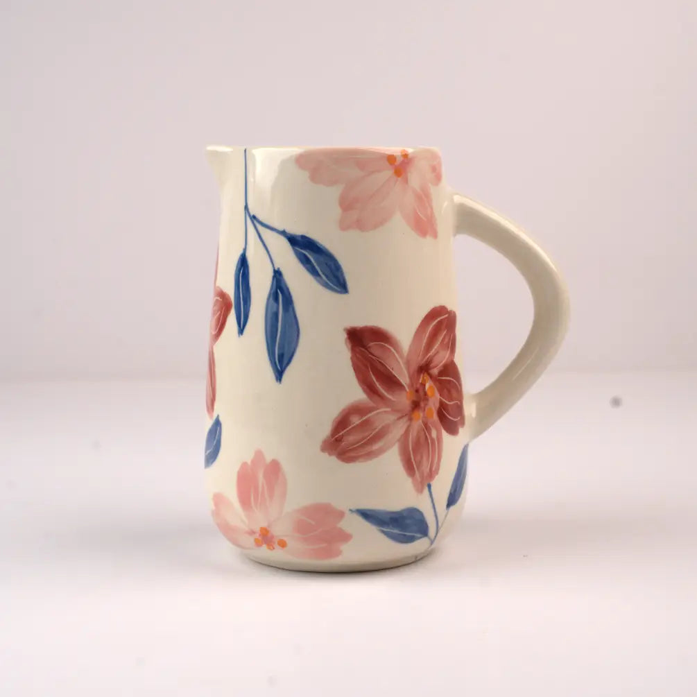 Floral Hand Painted Ceramic Water Pitcher , 3.5x3.5x8 Inches (Set of 2)