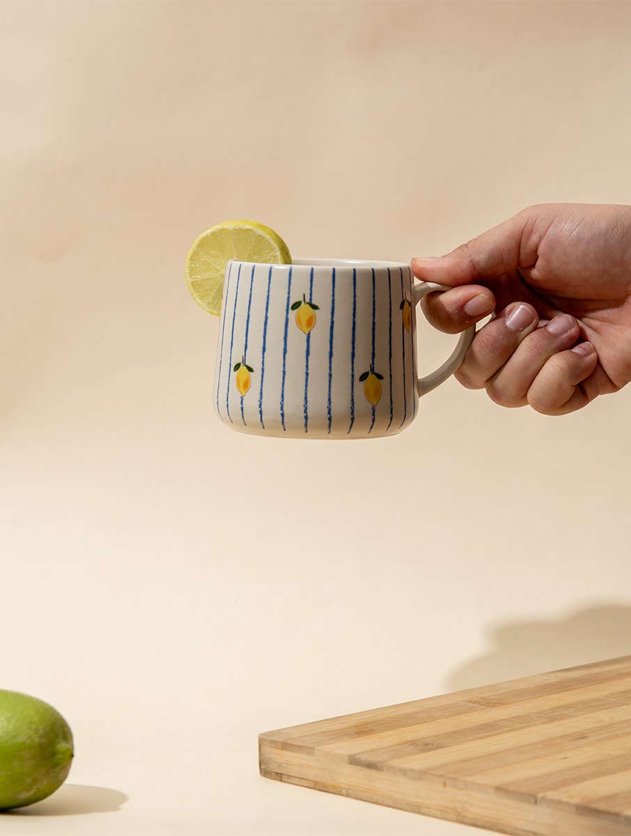 Lemon Striped Ceramic Mug - 3.5 x 3 Inches , Set of 4