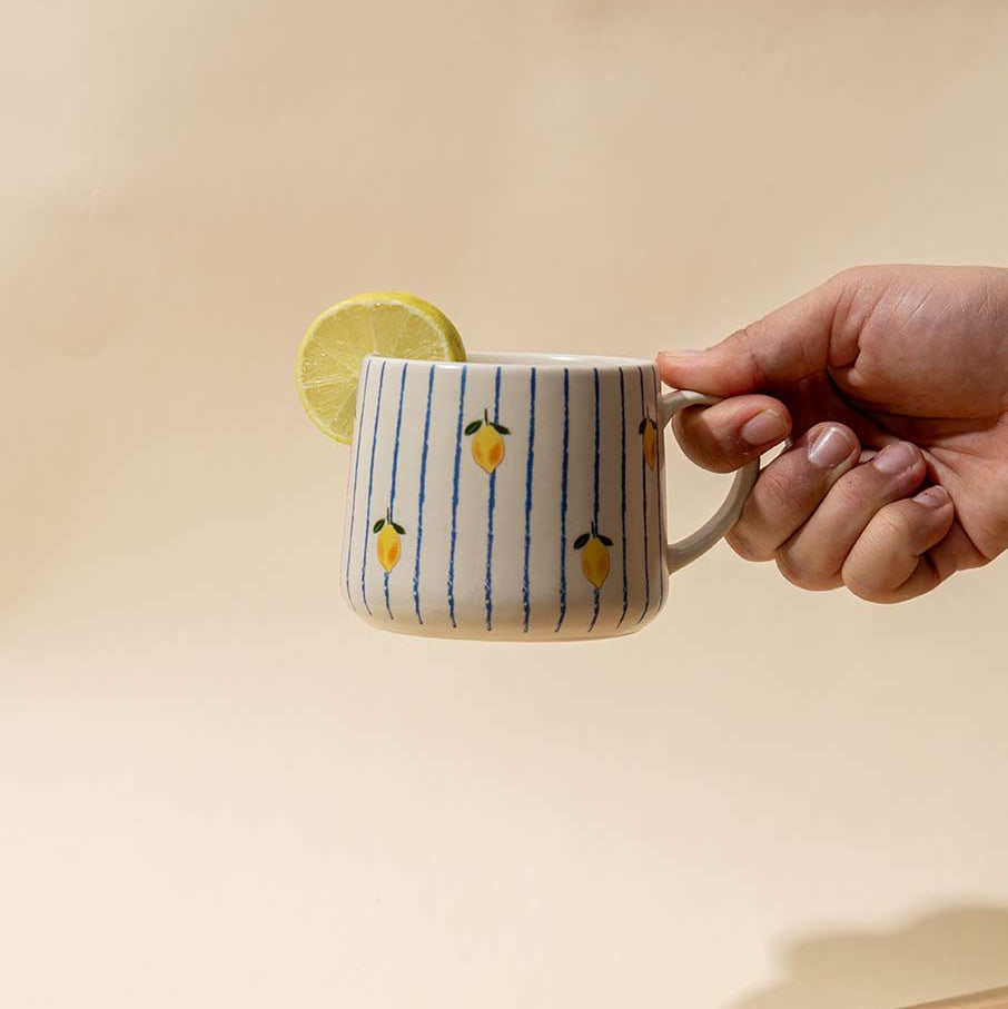 Lemon Striped Ceramic Mug - 3.5 x 3 Inches , Set of 4