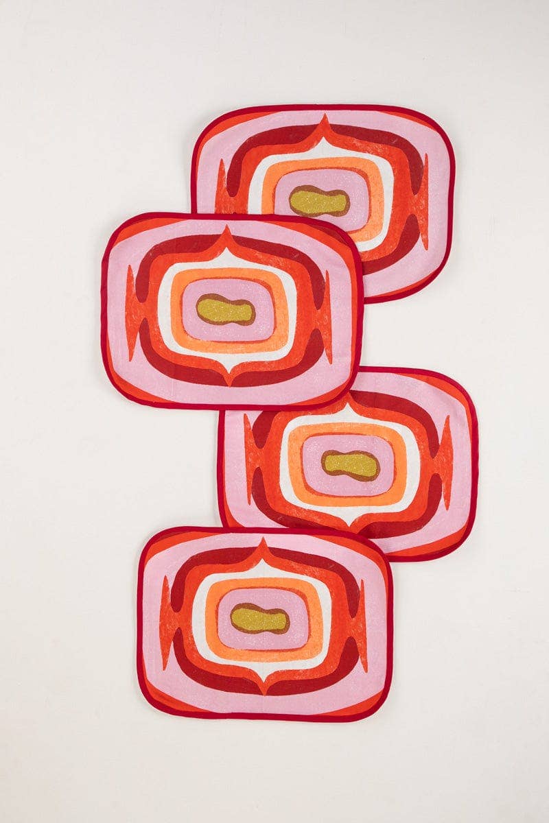 Mineral Red Ogee Mat, Set of 4 | Herringbone Cotton | 13x18 - Casa Amarosa