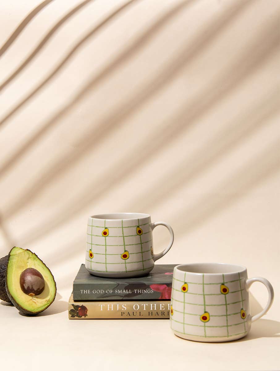 Avocado Checkered Ceramic Mug - 3.5 x 3 Inches , Set of 4