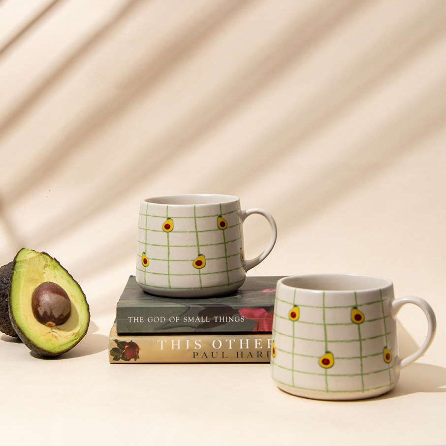 Avocado Checkered Ceramic Mug - 3.5 x 3 Inches , Set of 4