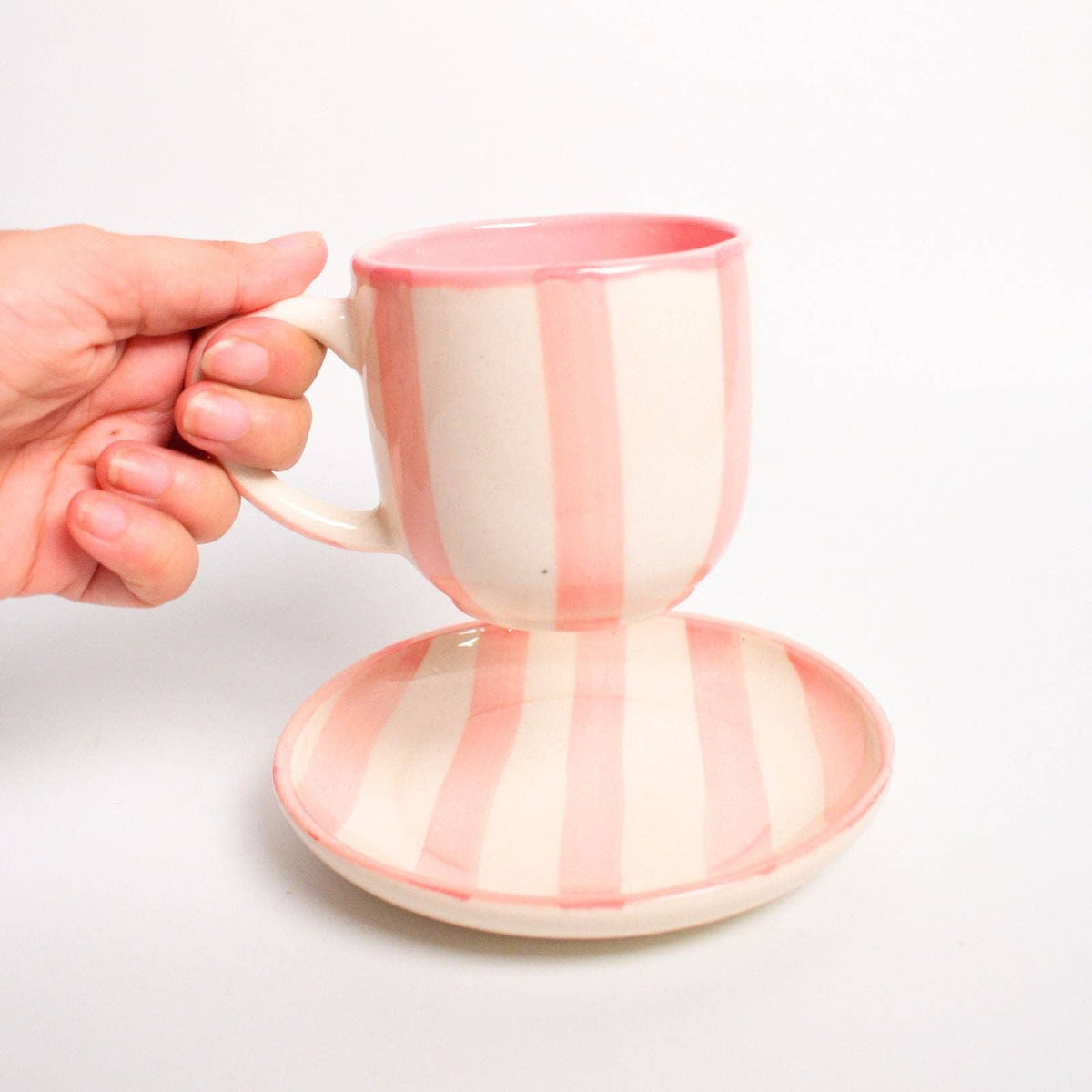 Pink Stripe Cup & Coaster Set Of 2 | Ceramic | 3 Inch