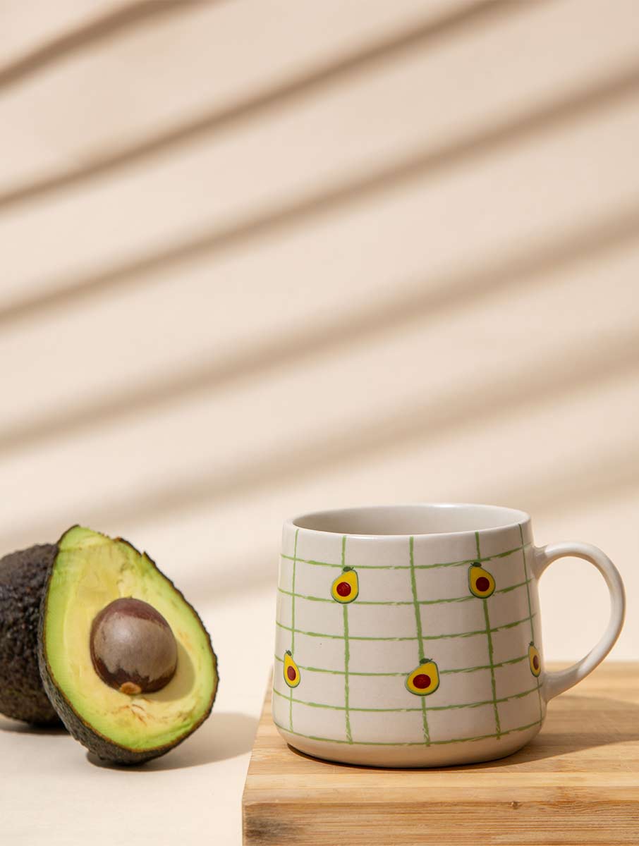 Avocado Checkered Ceramic Mug - 3.5 x 3 Inches , Set of 4