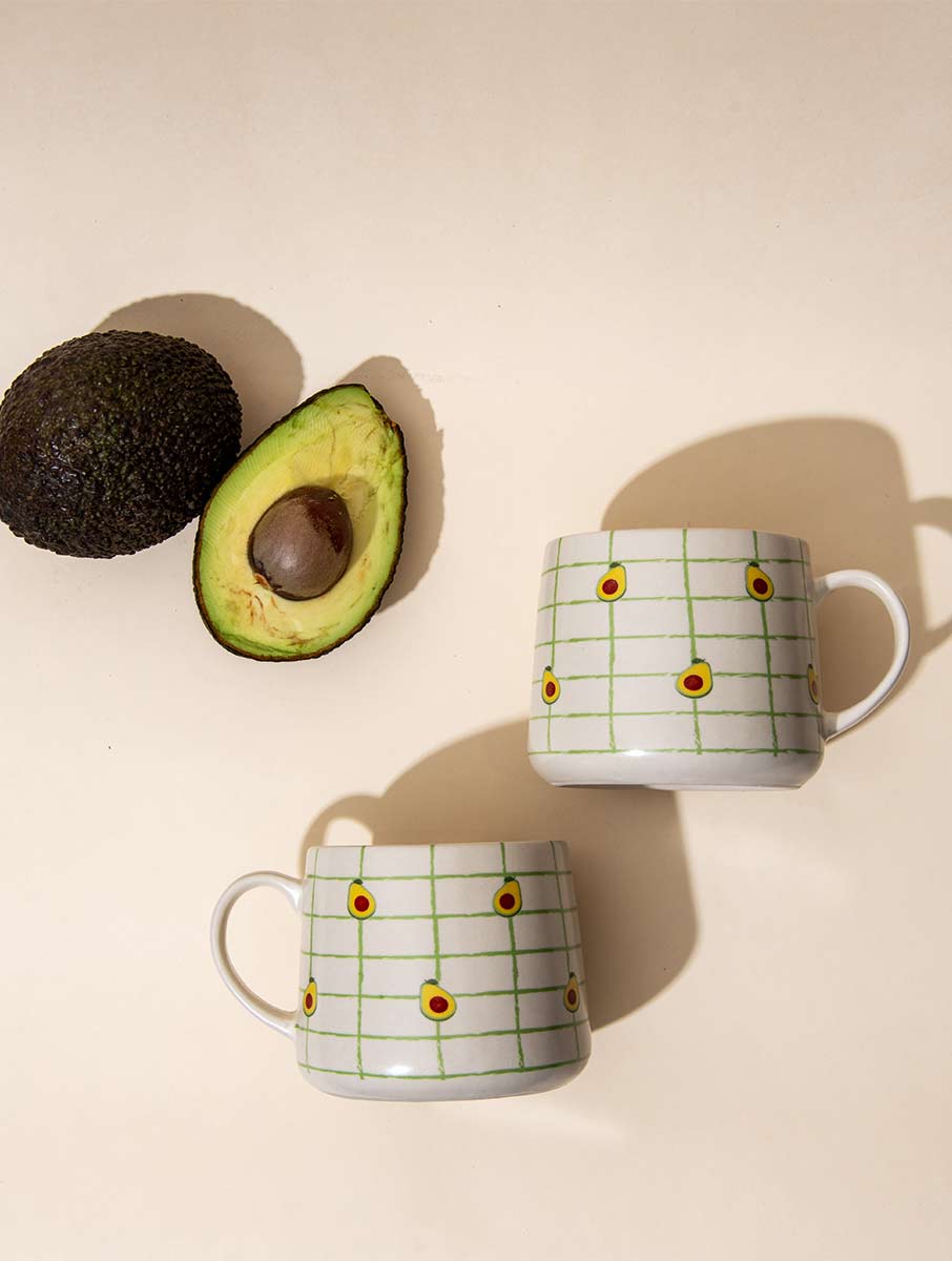 Avocado Checkered Ceramic Mug - 3.5 x 3 Inches , Set of 4