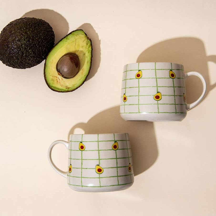 Avocado Checkered Ceramic Mug - 3.5 x 3 Inches , Set of 4