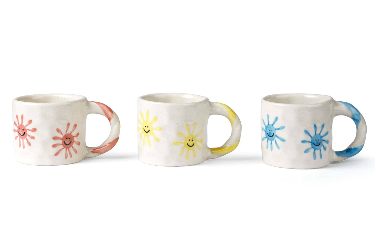 Pink Sun Ceramic Mug | Hand-Painted Smiley | 2.5 in | Set Of 2