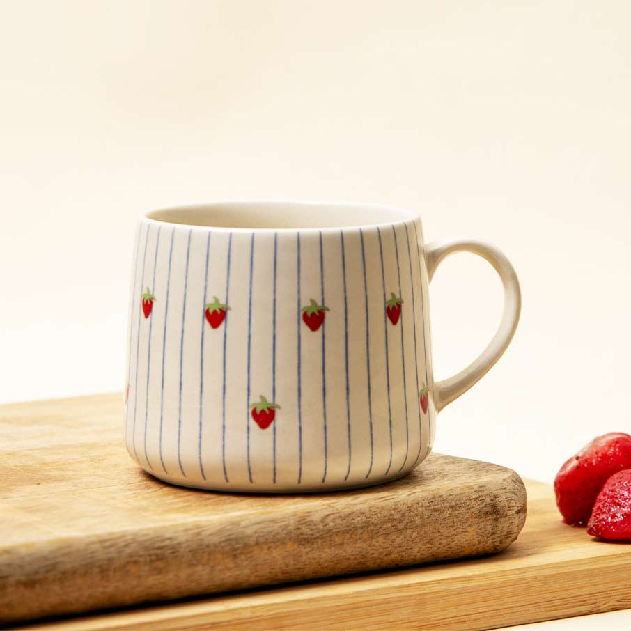 Strawberry Striped Ceramic Mug - 3.5 x 3 Inches, Set of 4