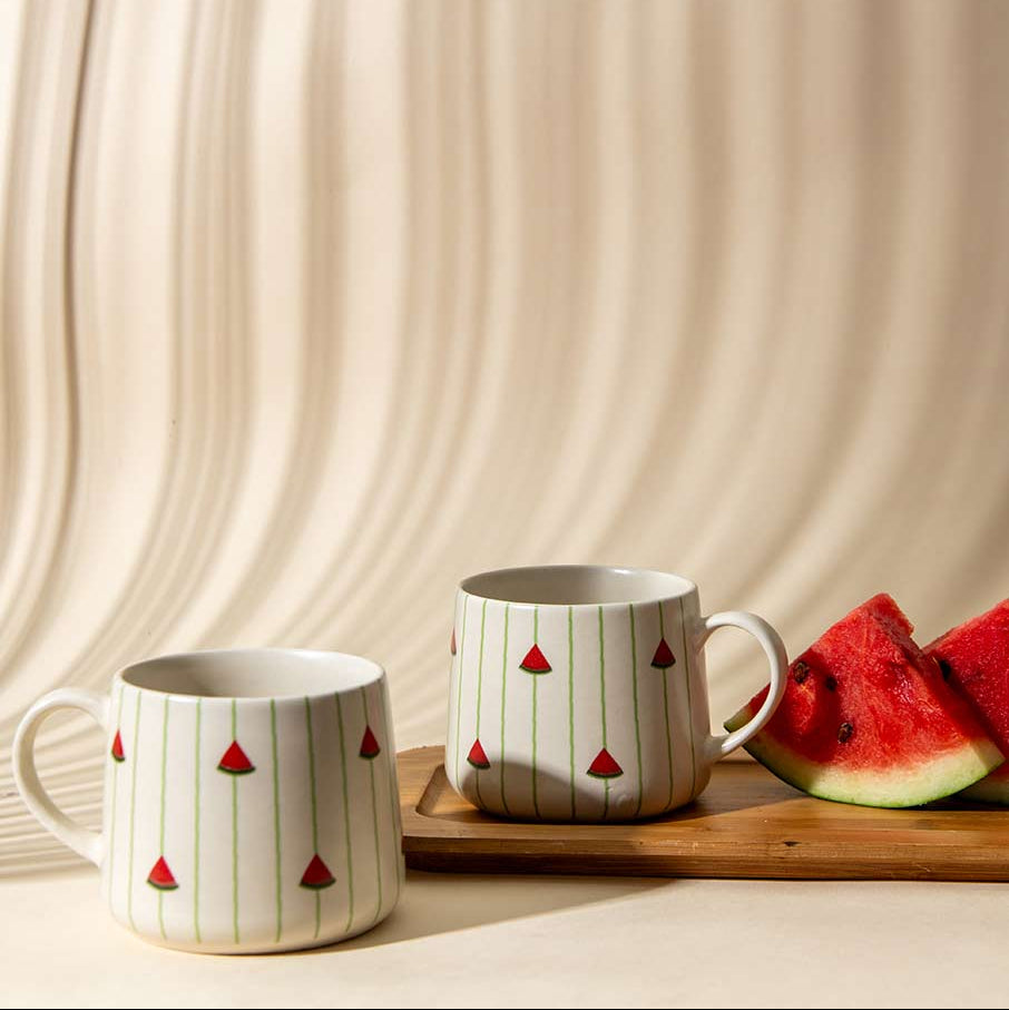Watermelon Striped Ceramic Mug - 3.5 x 3 Inches , Set of 4