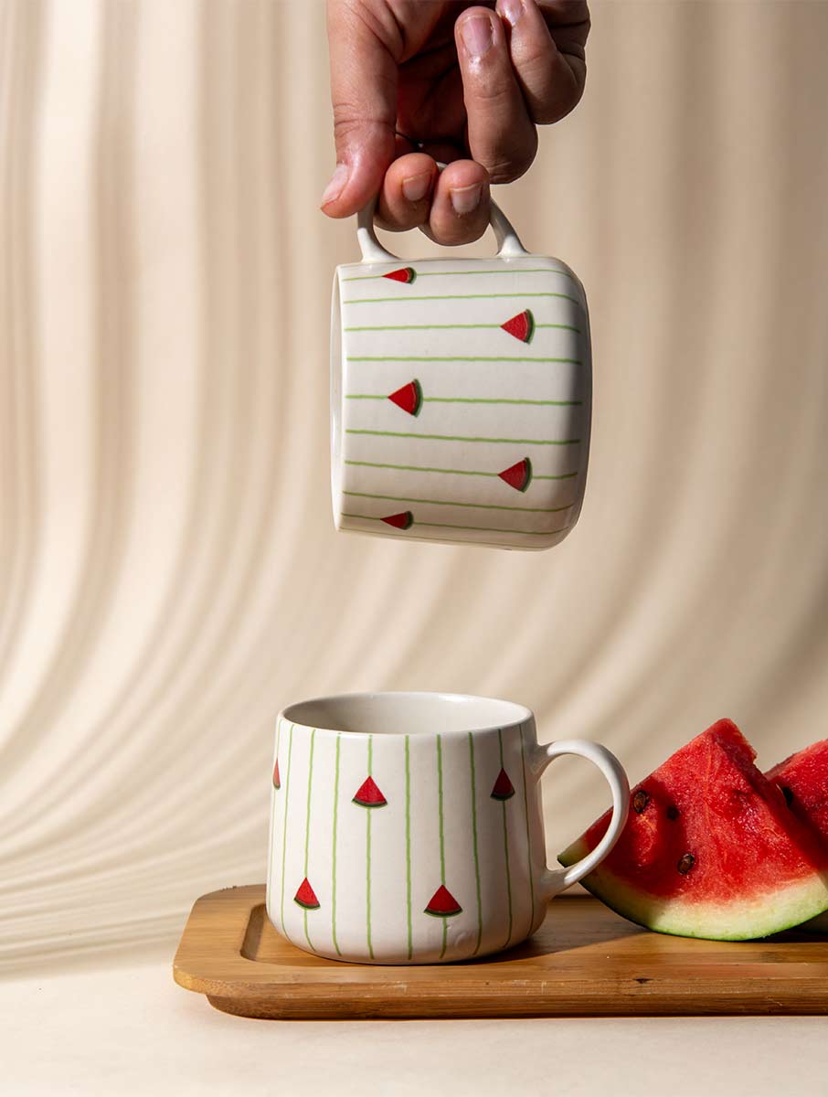 Watermelon Striped Ceramic Mug - 3.5 x 3 Inches , Set of 4
