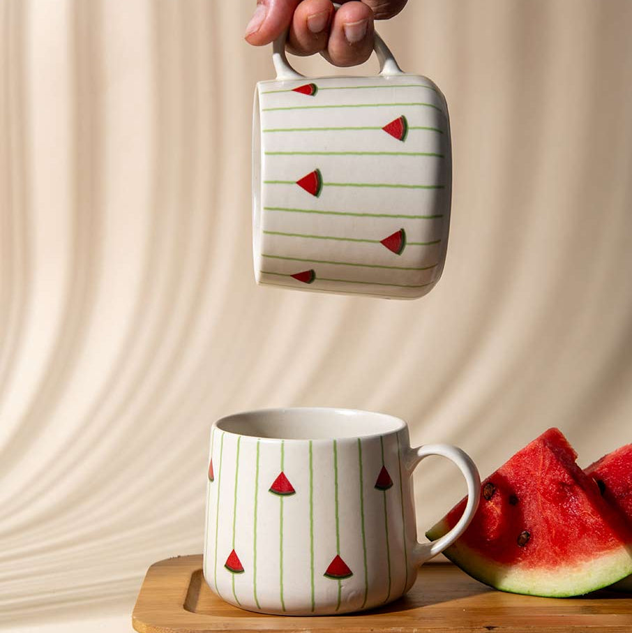 Watermelon Striped Ceramic Mug - 3.5 x 3 Inches , Set of 4