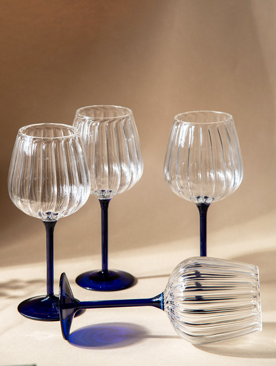 Ribbed Goblet Wine Glass -Blue , 2.5 x 4 x 8 Inches