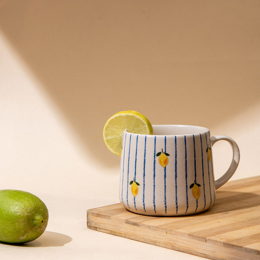 Lemon Striped Ceramic Mug - 3.5 x 3 Inches , Set of 4