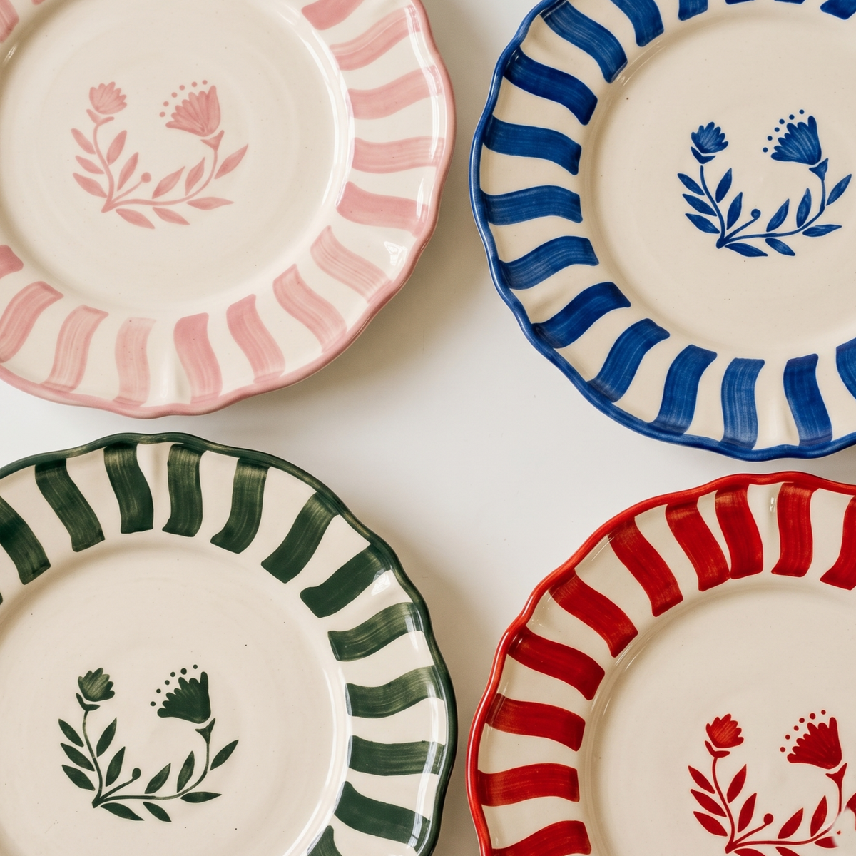 Pink Striped Floral Motif Plate | Hand-Painted | 10.5 Inch | Set Of 2