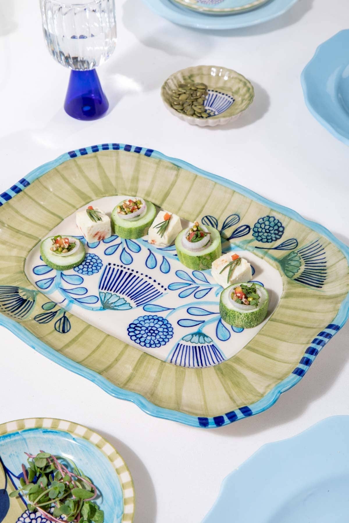 Blue Green Rain Tree Rect Platter | Hand-Painted | 13x10 IN - Casa Amarosa