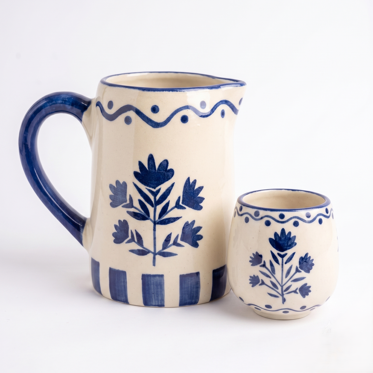 Blue Floral Striped Pitcher | Hand-painted Ceramic | 6 Inch