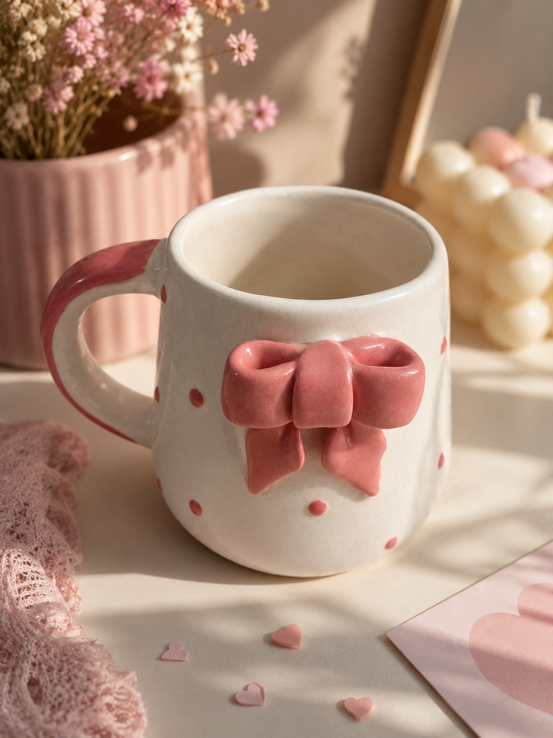 Handcrafted Ceramic Bow Mug Pink Polka Dot Coffee & Tea Cup