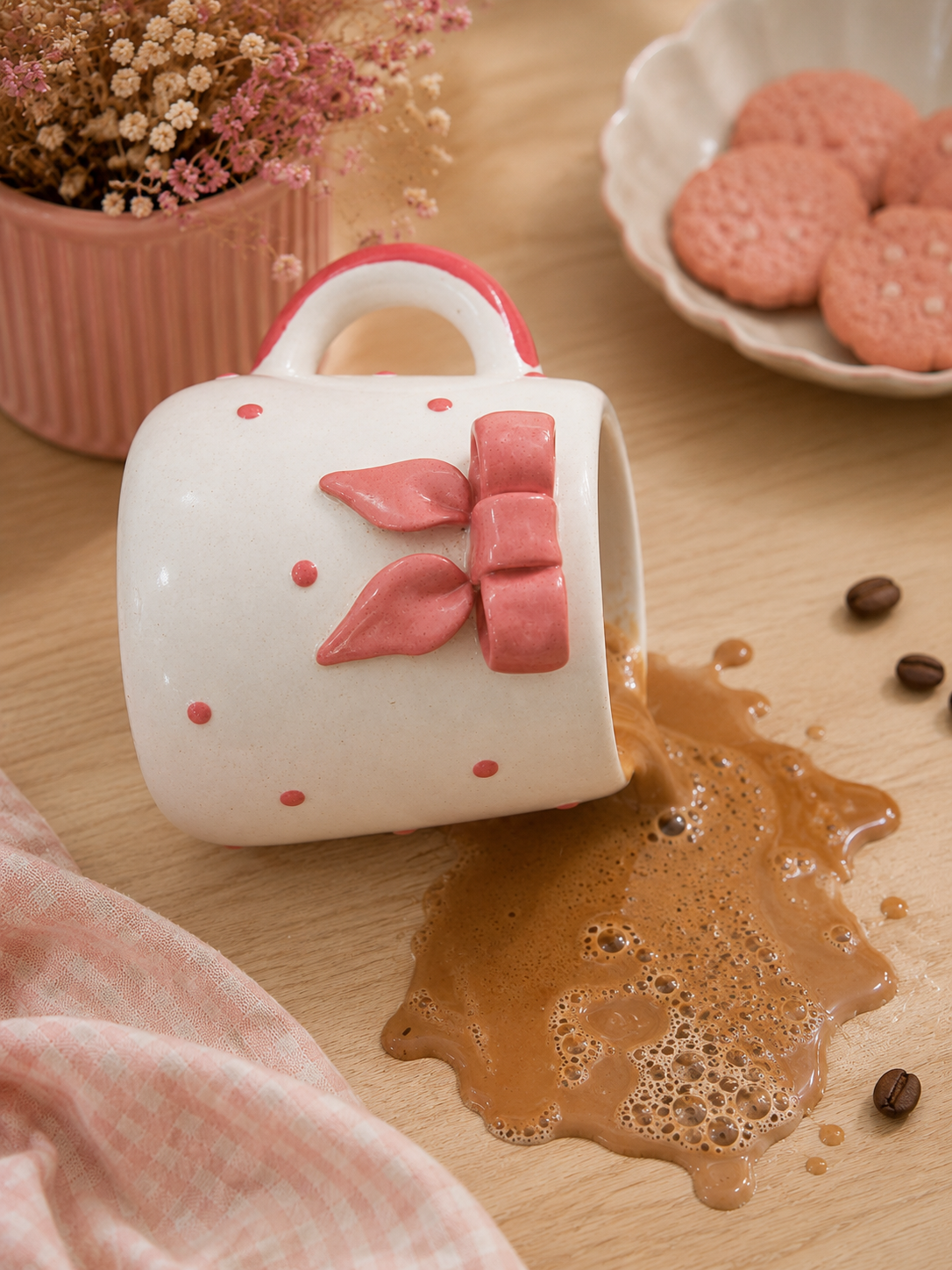 Handcrafted Ceramic Bow Mug Pink Polka Dot Coffee & Tea Cup