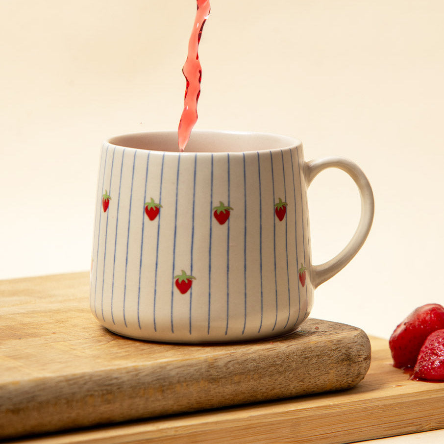 Strawberry Striped Ceramic Mug - 3.5 x 3 Inches, Set of 4