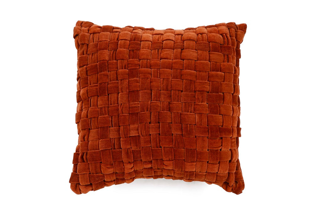 Checked Hand Woven Velvet Square Cushion Rust 18x18Inches