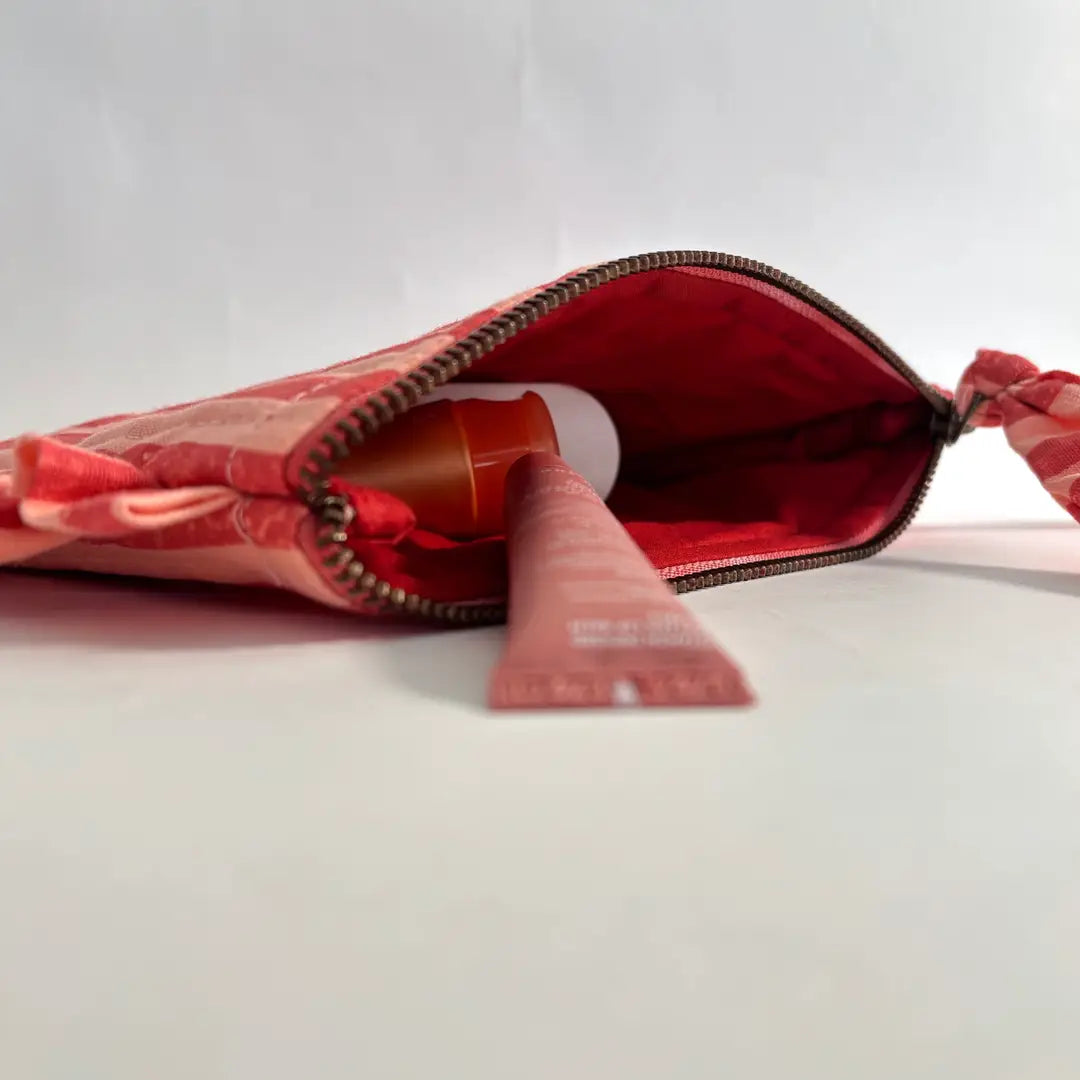 Handmade Quilted Pouch, Pink & Red Stripes - 8 x 5 Inches
