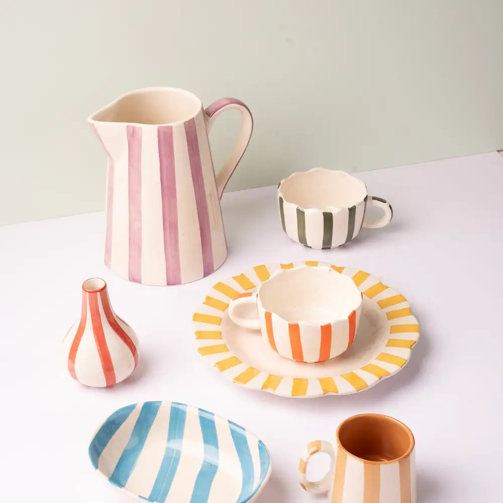 Ceramic Stripe  Pitcher, Purple- 8.25 x 8.25 x 8 Inches