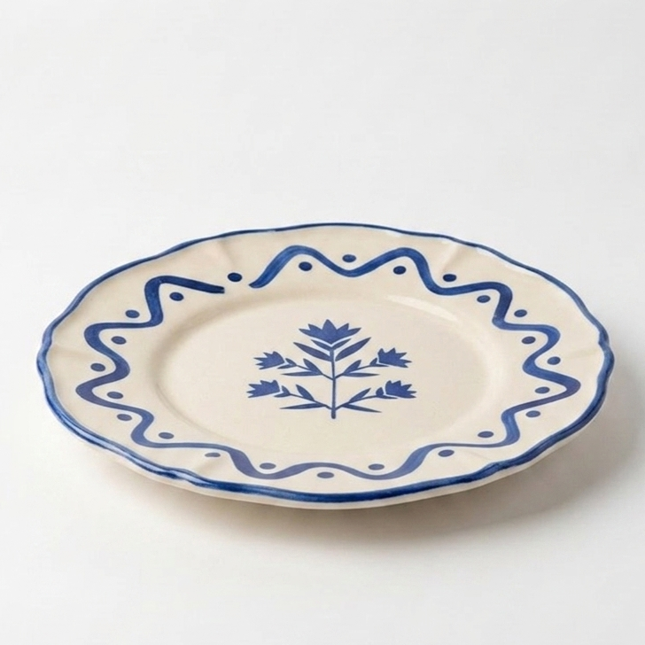 Scalloped Blue Floral Snack Plate | Hand-crafted Ceramic | Set Of 2