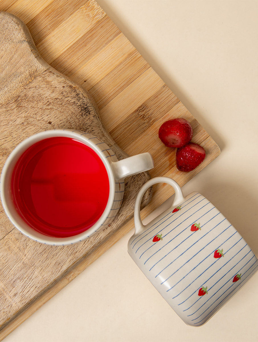 Strawberry Striped Ceramic Mug - 3.5 x 3 Inches, Set of 4