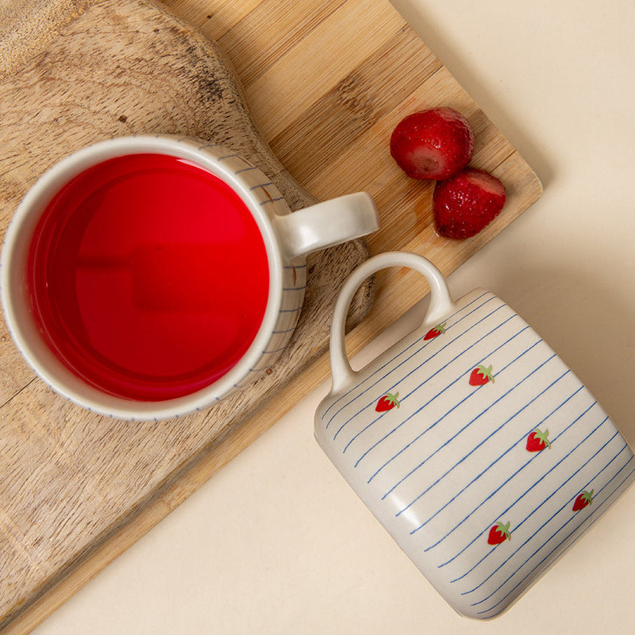 Strawberry Striped Ceramic Mug - 3.5 x 3 Inches, Set of 4