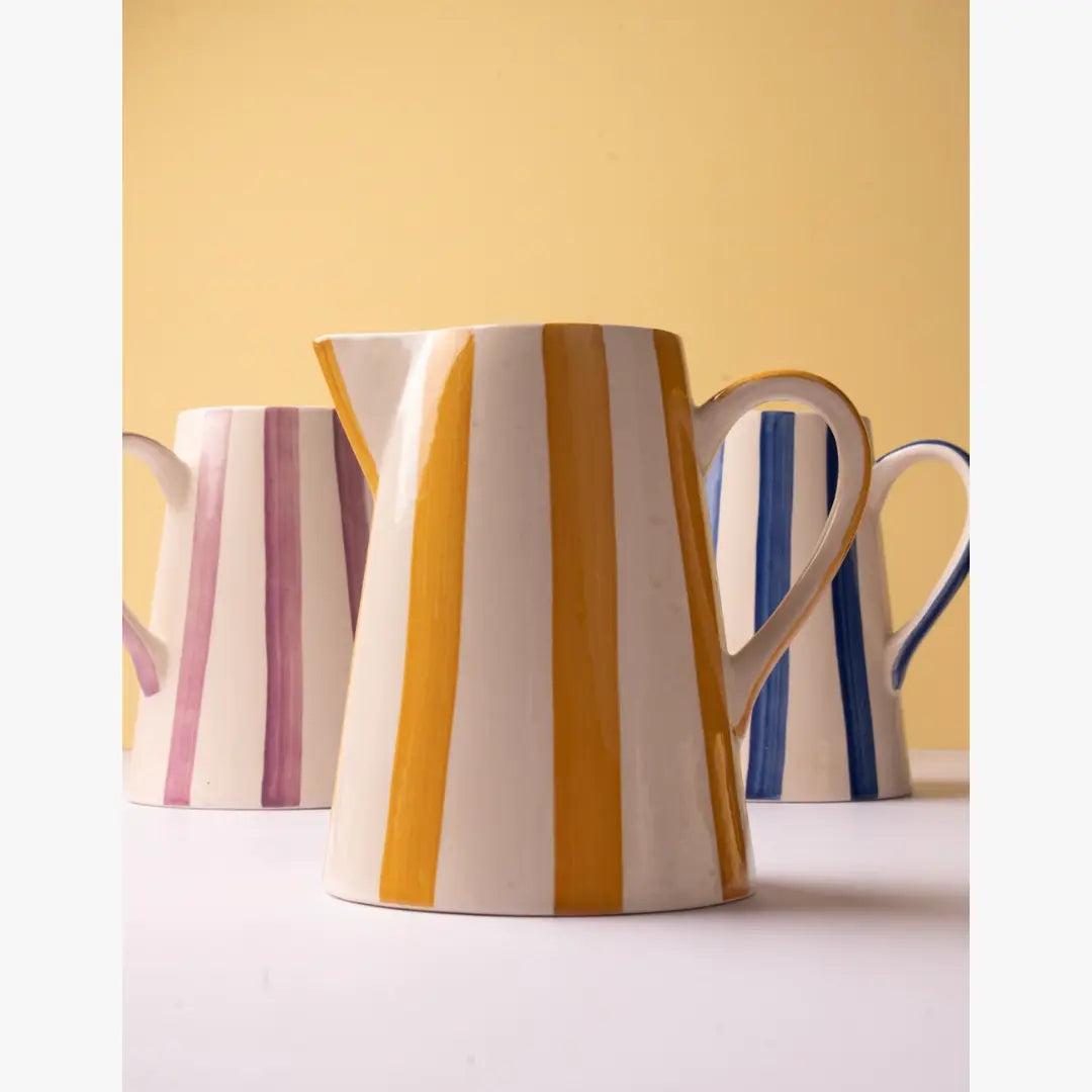 Ceramic Stripe Pitcher, yellow- 8.25 x 8.25 x 8 Inches