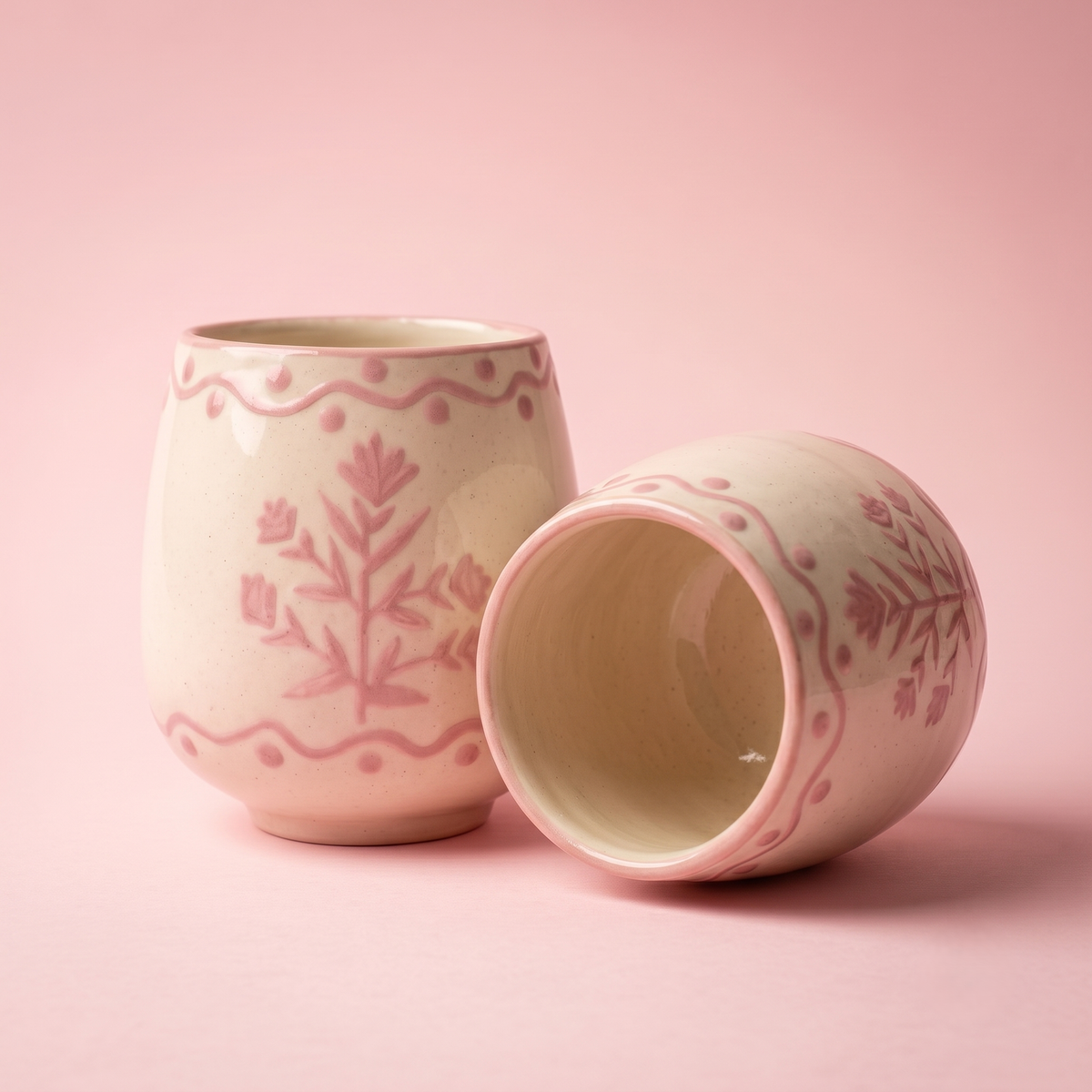 Pink Drinking Cup | Hand-Painted Ceramic | 3 Inch | Set Of 2