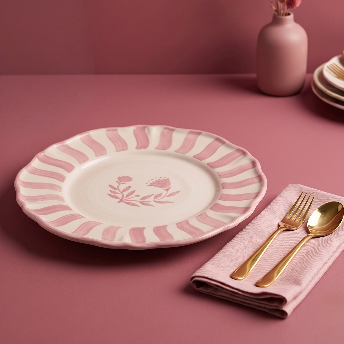 Pink Striped Floral Motif Plate | Hand-Painted | 10.5 Inch | Set Of 2