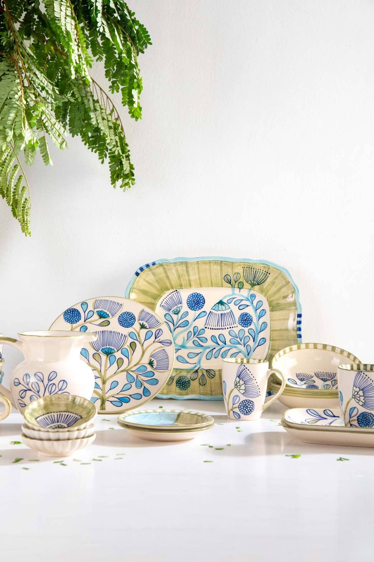 Blue Green Rain Tree Rectangular Platter | Hand-Painted | 13x10 IN