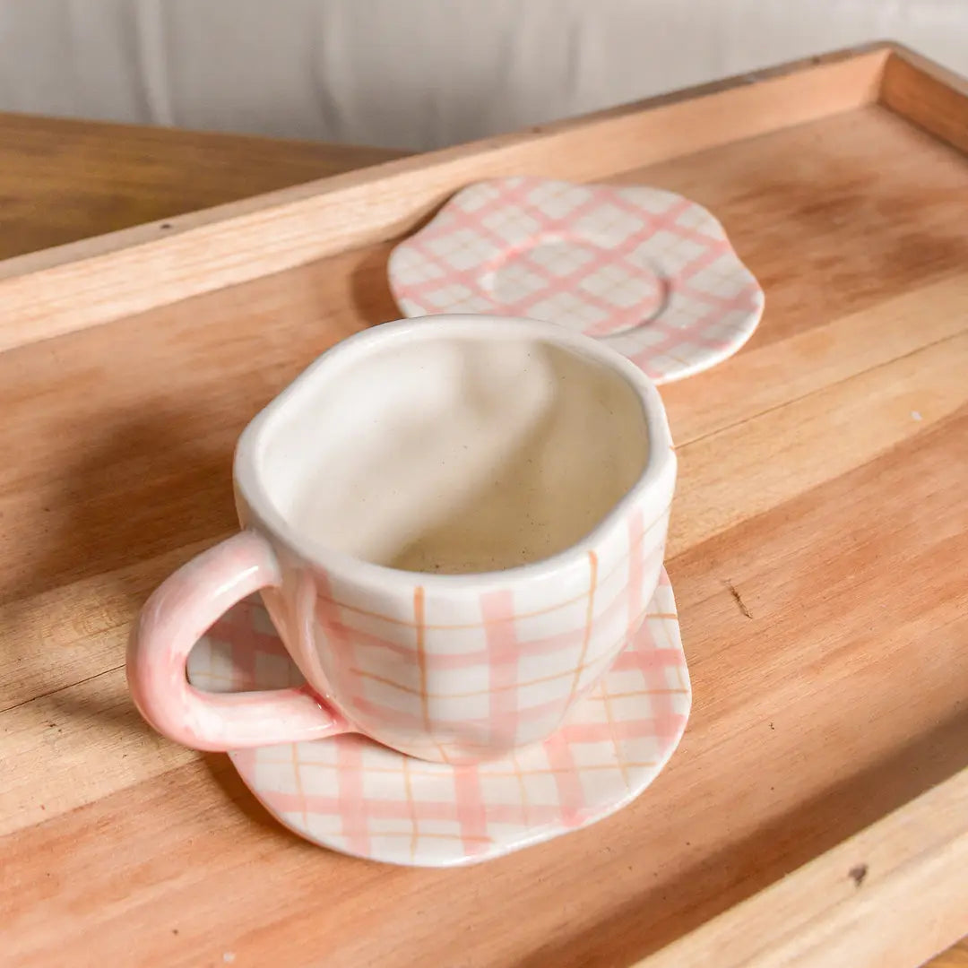 Handmade Cute Ceramic mug & Coaster Set - Plaid, 2.5 Inches (Set of 2)