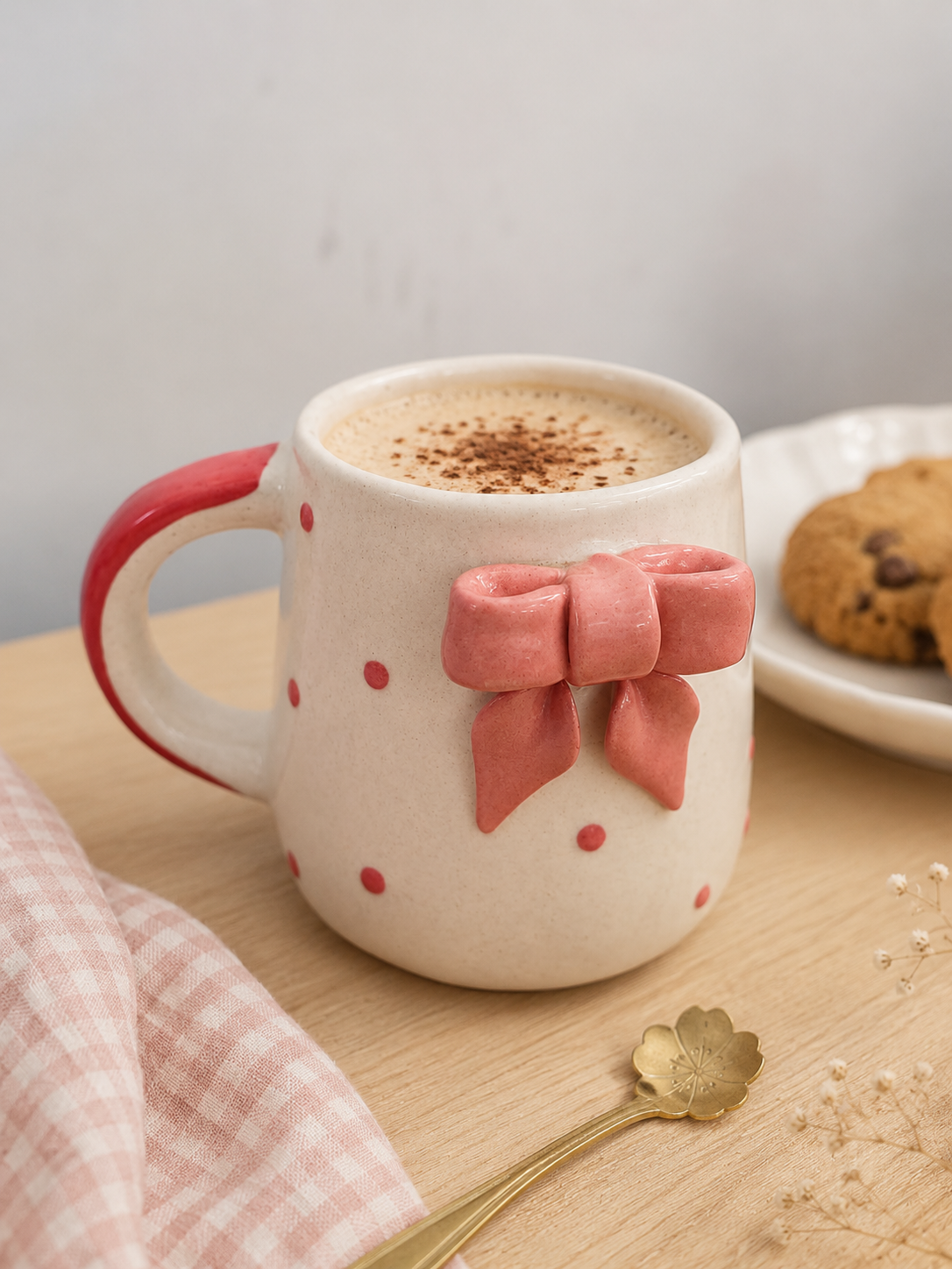 Handcrafted Ceramic Bow Mug Pink Polka Dot Coffee & Tea Cup
