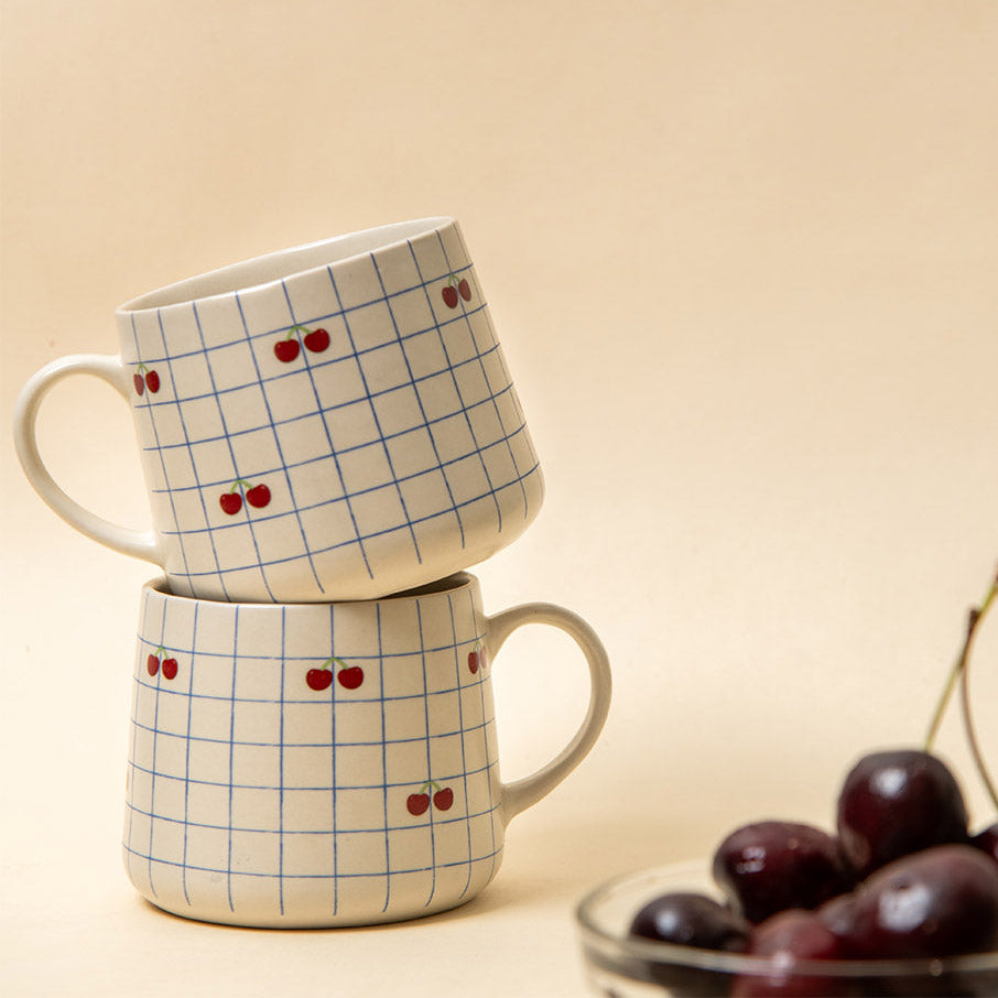 Cherry Checkered Ceramic Mug - 3.5 x 3 Inches , Set of 4