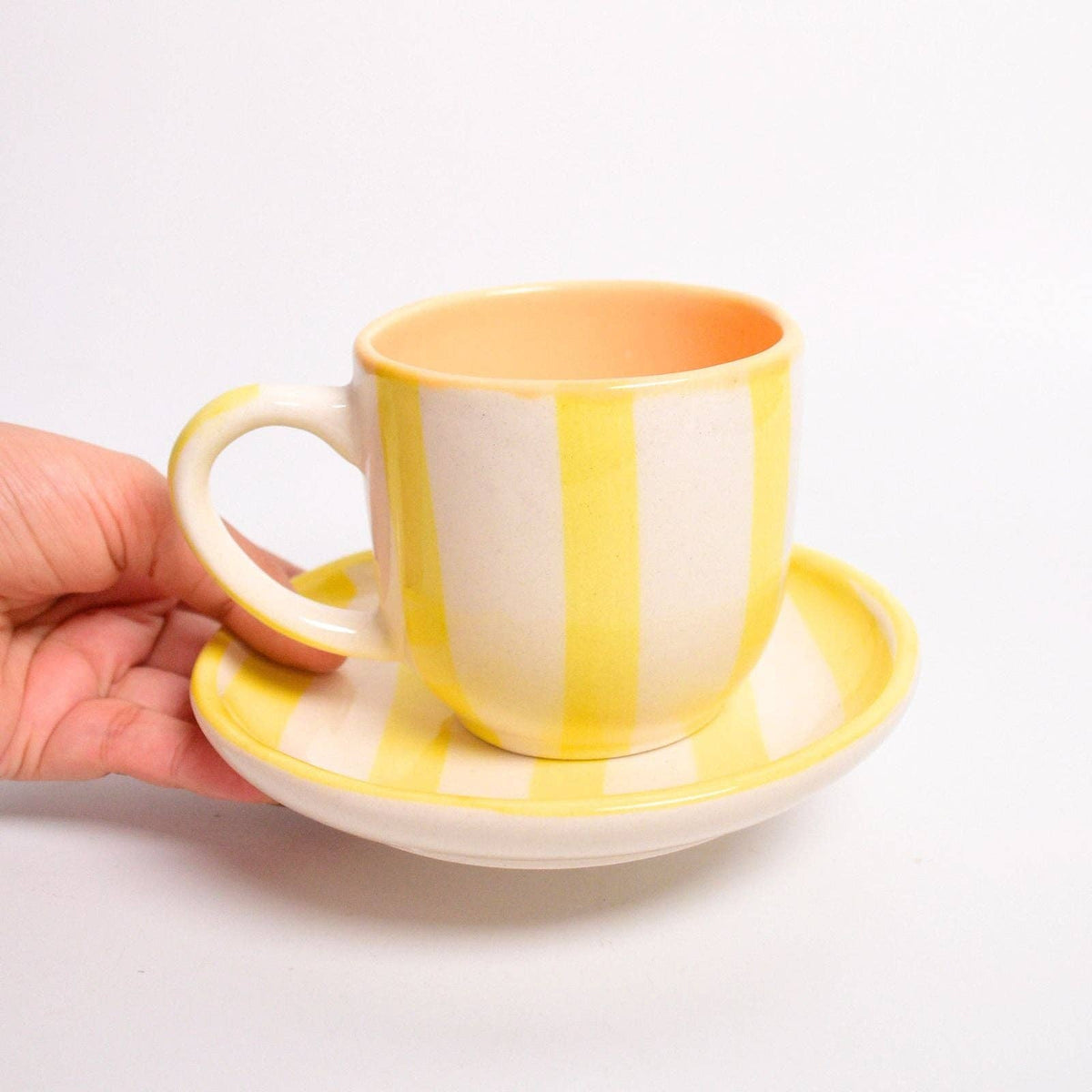 Yellow Stripe Cup & Coaster Set Of 2 | Ceramic | 3 Inch