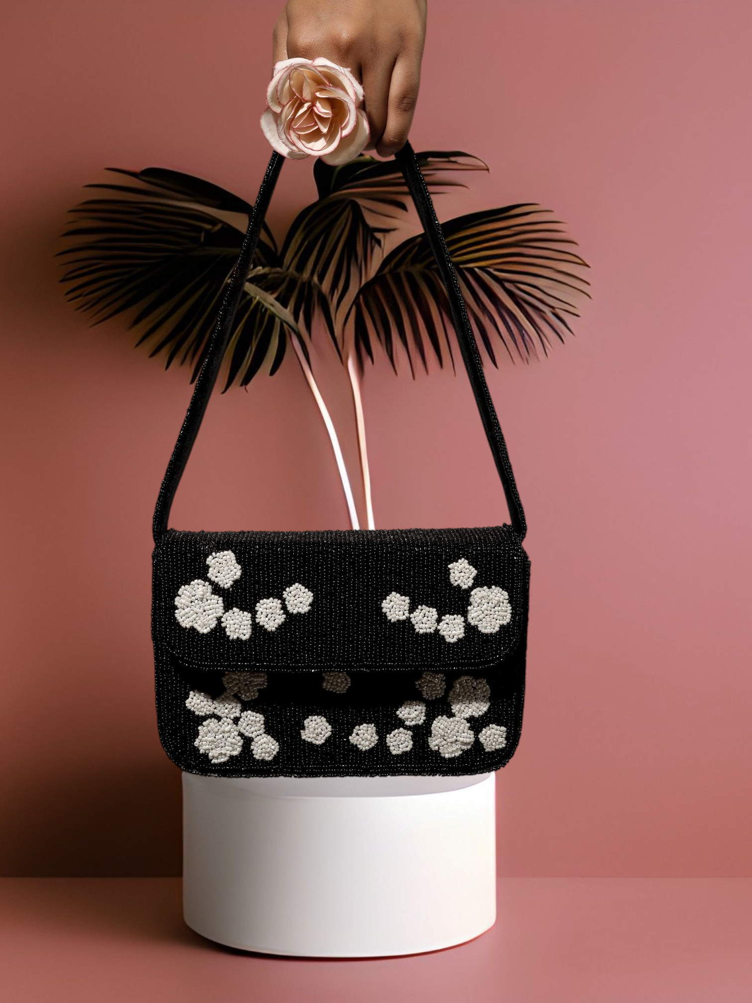 Black Rose Beaded Purse - 7.5 x 5 Inches