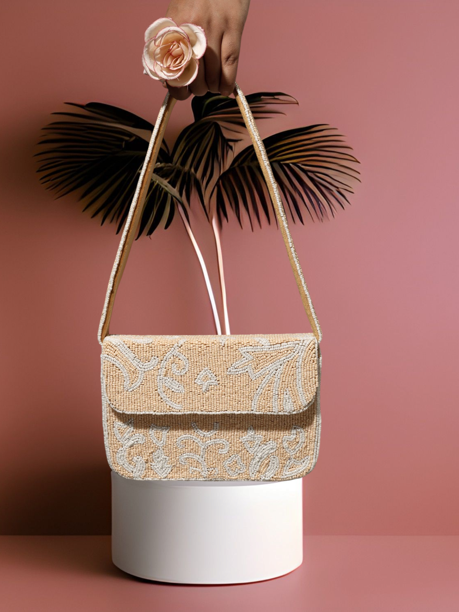 Beige Bloom Beaded Purse - 7.5 x 5 inches