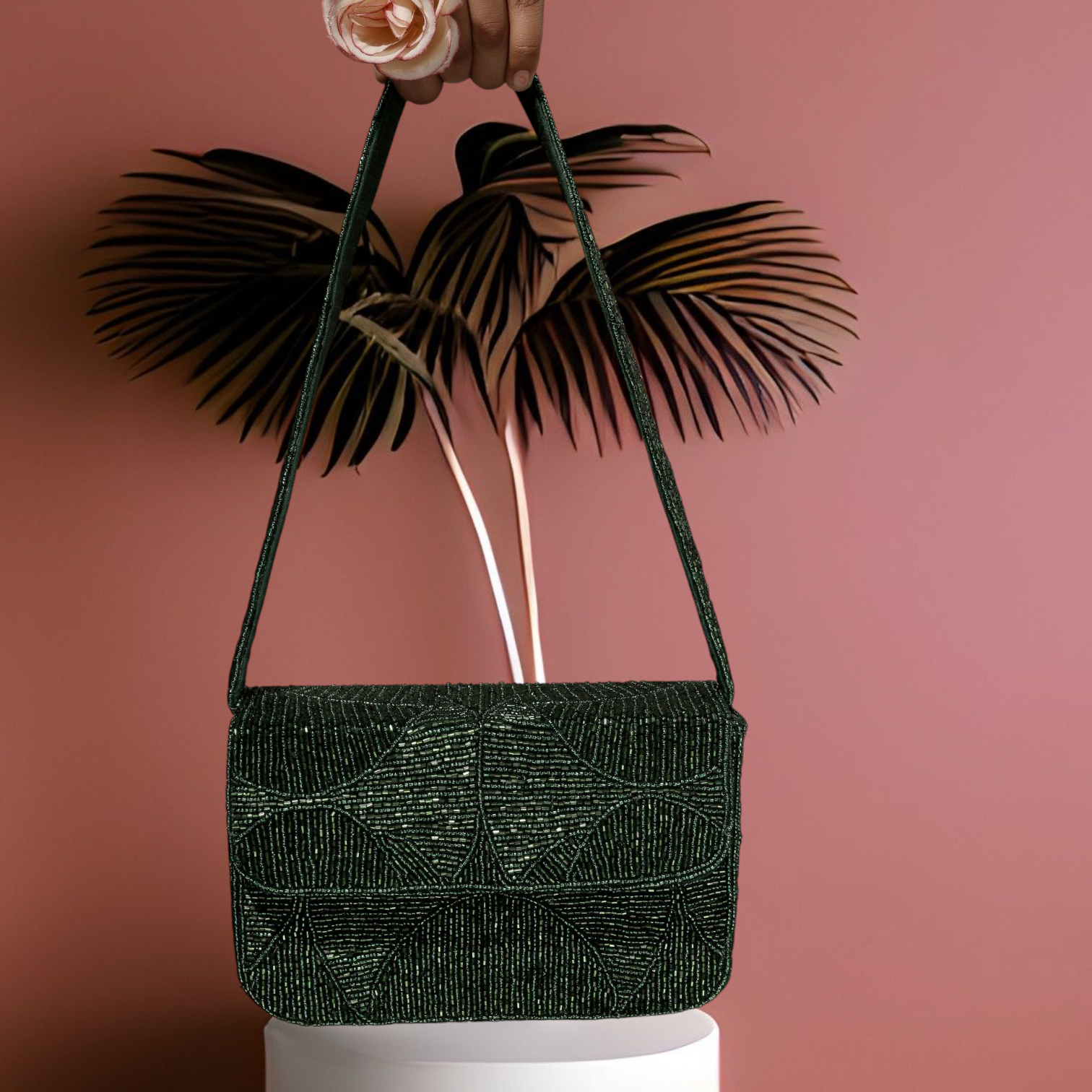 Evergreen Luxe Beaded Purse - 7.5 x 5 Inches