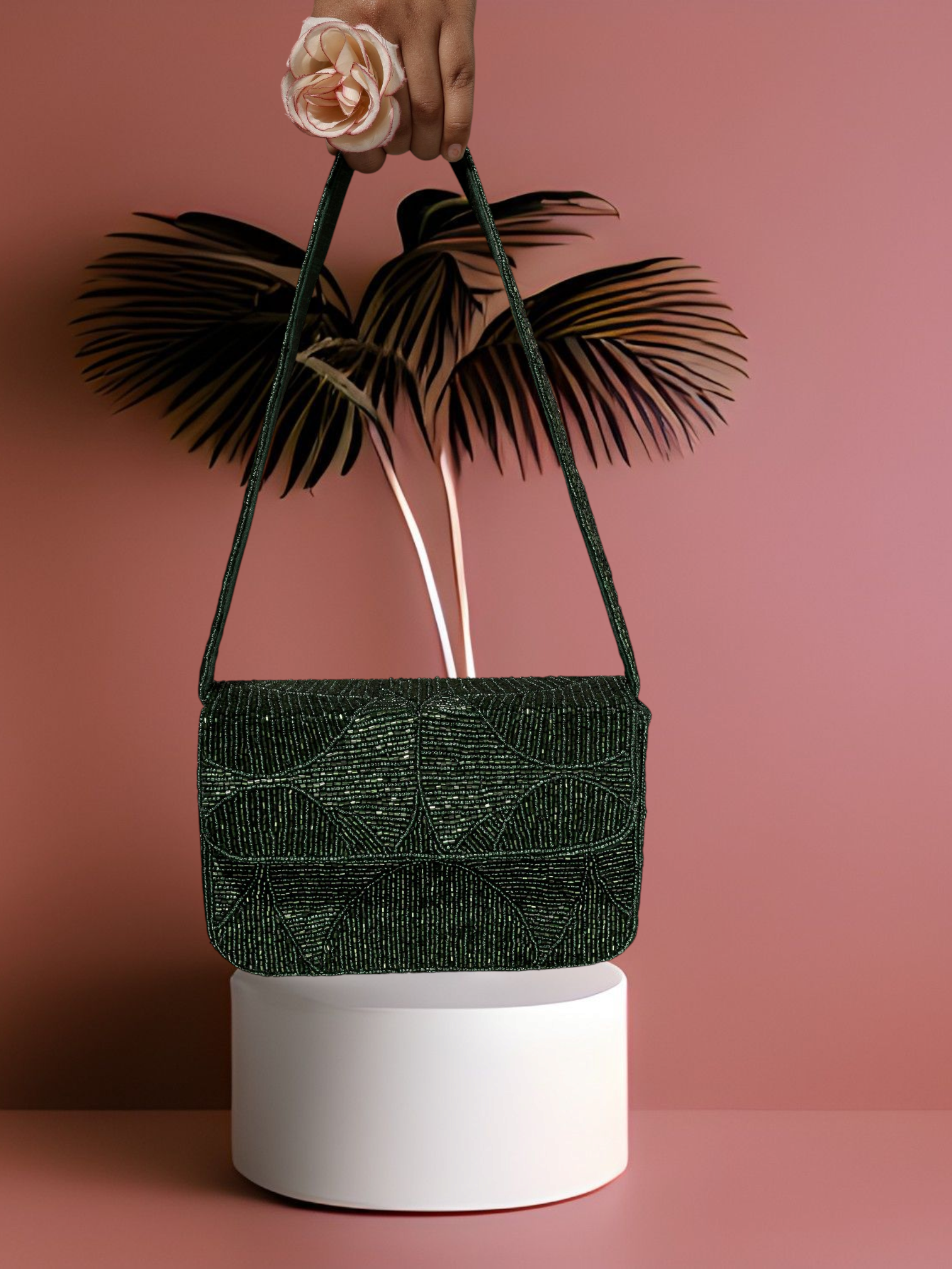 Evergreen Luxe Beaded Purse - 7.5 x 5 Inches