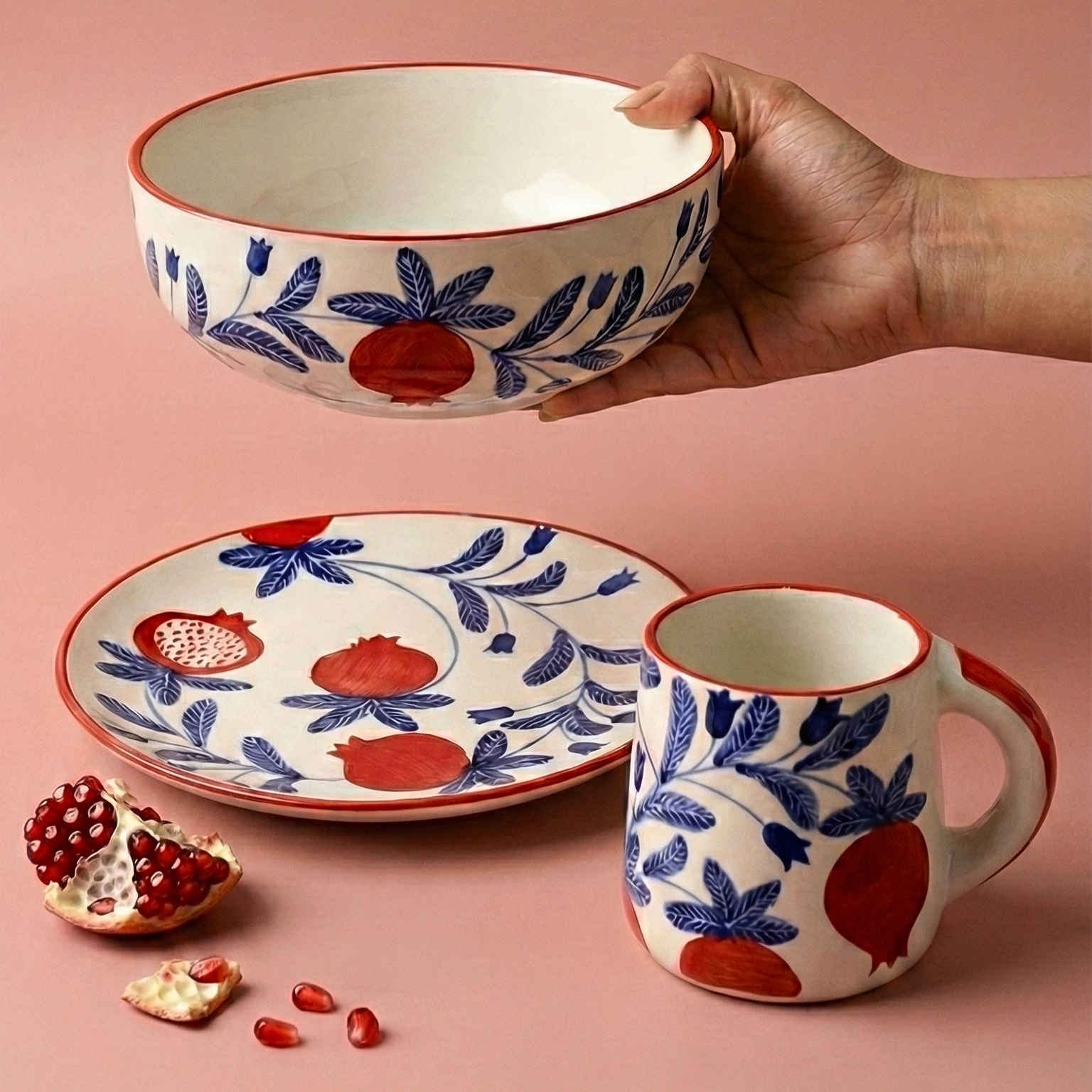 Anaar Ceramic Breakfast Set - Coffee Cup , Side Plate And Breakfast Bowl (Set of 3)