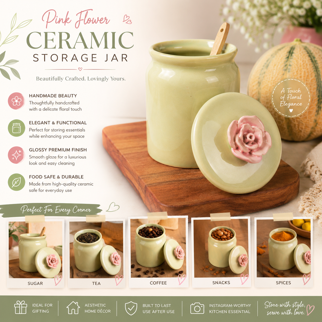 Handmade Pink Flower Ceramic Storage Jar with Lid