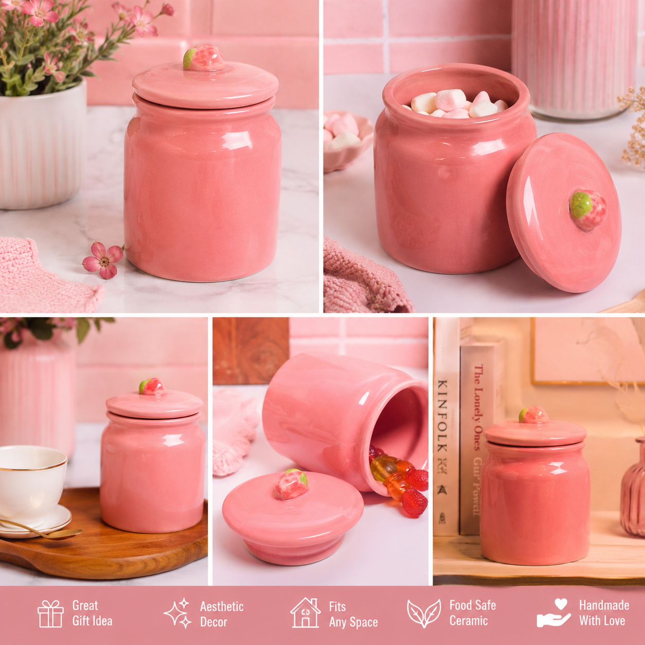 Strawberry Pink Ceramic Jar | Kitchen Storage Lid