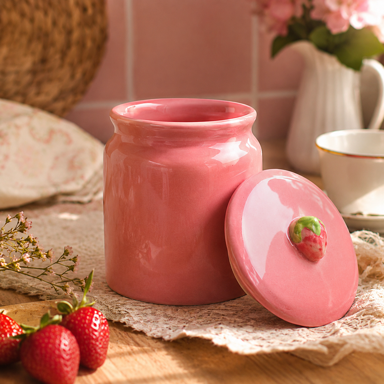 Strawberry Pink Ceramic Jar | Kitchen Storage Lid