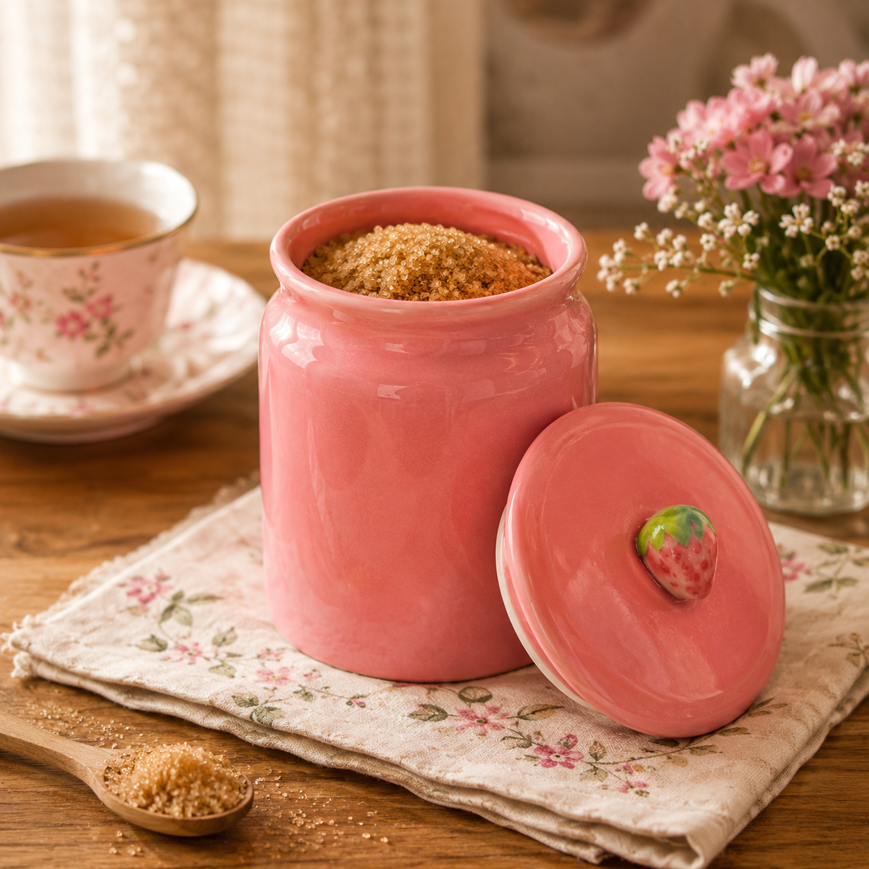 Strawberry Pink Ceramic Jar | Kitchen Storage Lid
